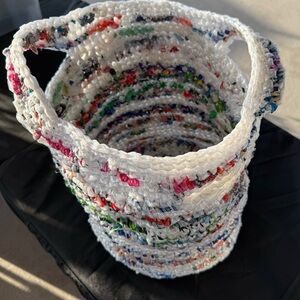 Handmade from repurposed plastic bags crocheted shopping basket laundry tote